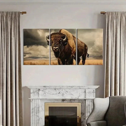 3pcs Majestic Wildlife Bison Prairie Wall Art Set Canvas Framed 50x70cm - High Quality Print 100% Australian Made Wall Canvas Ready to Hang - Bella Home Decor