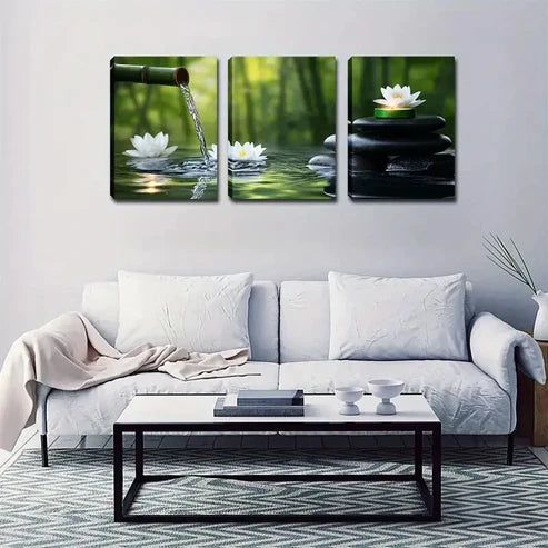 3pcs Serene Bamboo Forest with for Lotus Flowers Wall Art Set Canvas Unframed - High Quality Print 100% Australian Made Wall Canvas