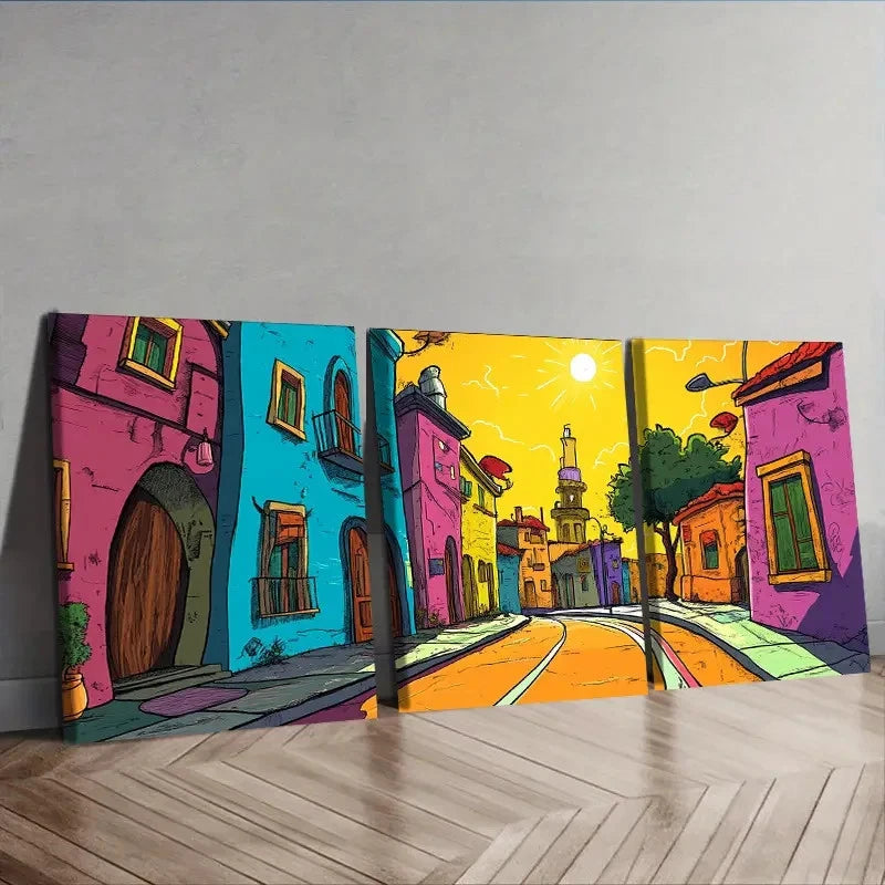 3pcs Cartoon Town Wall Art Set Canvas Framed 40x60cm - High Quality Print 100% Australian Made Wall Canvas Ready to Hang - Bella Home Decor