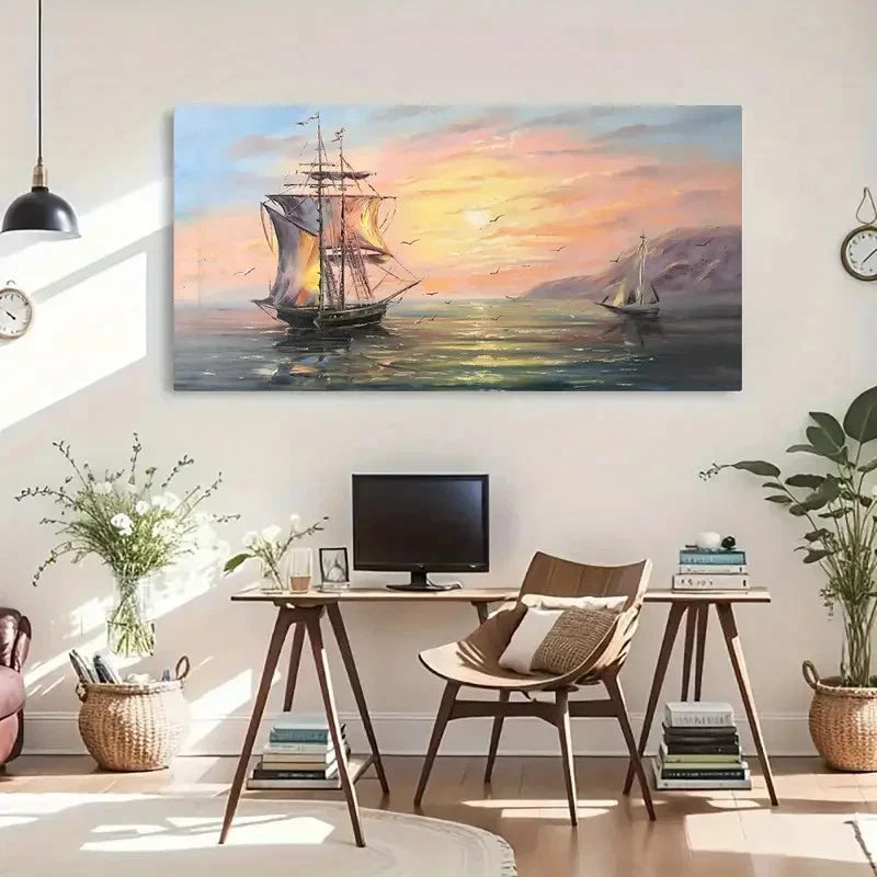Sailing Boat & Sunrise Charm Wall Art Canvas Office Home Room Framed 120x60cm - Bella Home Decor