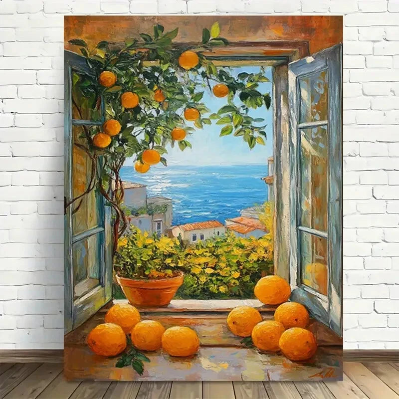 Beautiful Vibrant Orange & Lemon Tree Scene Painting 40x60cm Metal Print Ready to Hang - Bella Home Decor