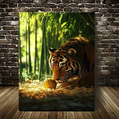 Photorealistic Tiger Playing with Ball Painting 40x60cm Metal Print Ready to Hang - Bella Home Decor