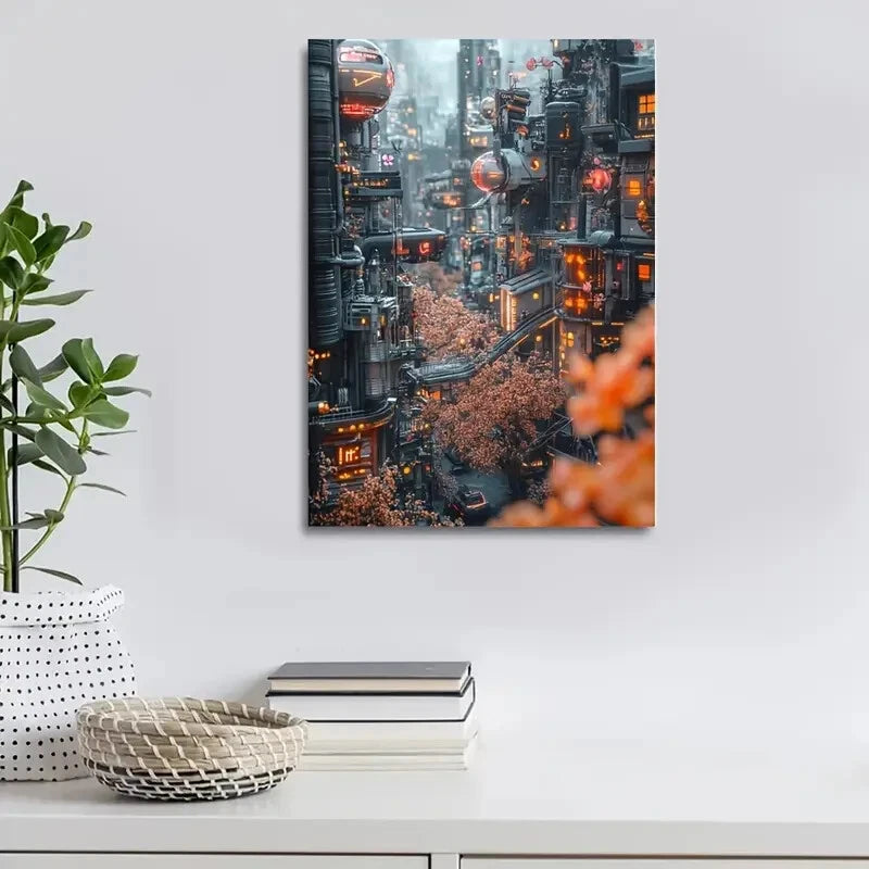 Beautiful Featuring a Cyberpunk Village Painting  40x60cm Metal Print Ready to Hang - Bella Home Decor