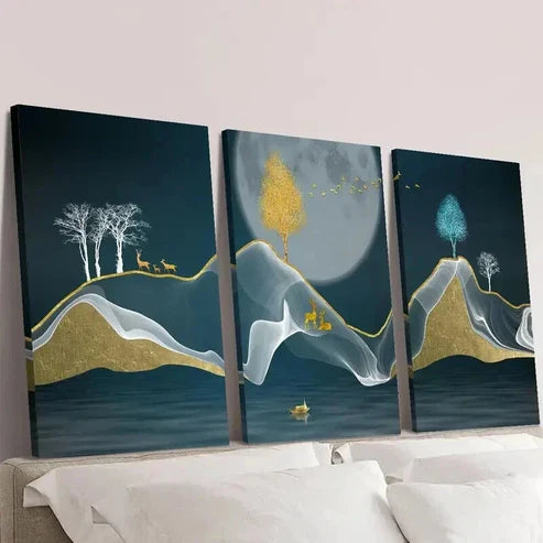3pcs Night Sky Gold Deer Birds Elk And a Boat Wall Art Set Canvas Unframed - High Quality Print 100% Australian Made Wall Canvas
