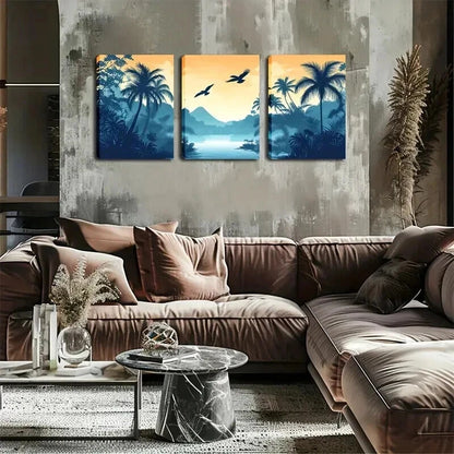 3pcs Coconut Trees Water Orange Sky Perfect Wall Art Set Canvas Framed 60x90cm - High Quality Print 100% Australian Made Wall Canvas Ready to Hang