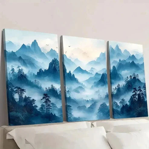 3pcs Chinese Style Blue Mountain Landscape Wall Art Canvas Unframed - High Quality Print 100% Australian Made Wall Canvas - Bella Home Decor