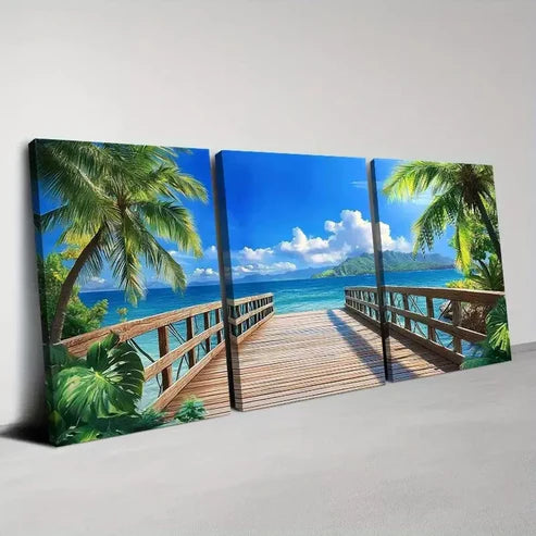 3pcs Summer Beach Sunset with Blue Sky and Pier Wall Art Canvas Unframed - High Quality Print 100% Australian Made Wall Canvas