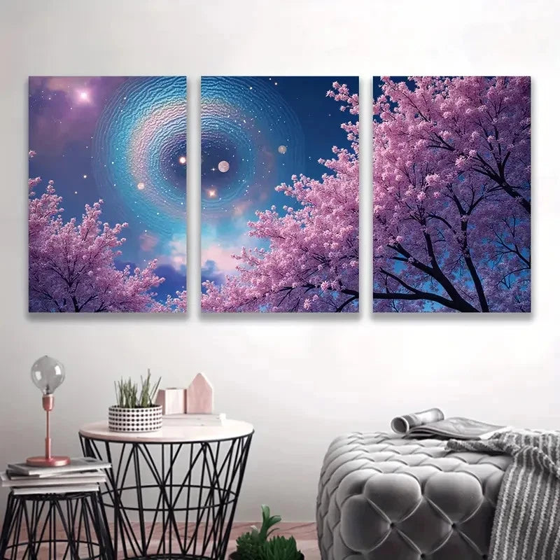3pcs Cherry Blossom Trees Under Night Sky I Wall Art Set Canvas Framed 50x70cm - High Quality Print 100% Australian Made Wall Canvas Ready to Hang - Bella Home Decor