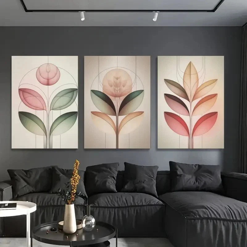 3pcs Geometric Shapes, Soft Green, Pink Tones  Wall Art Set Canvas Framed 50x70cm - High Quality Print 100% Australian Made Wall Canvas Ready to Hang - Bella Home Decor