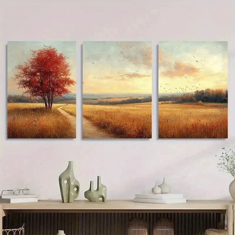 3pcs Vintage Rustic Autumn Landscape Perfect Wall Art Set Canvas Framed 50x70cm - High Quality Print 100% Australian Made Wall Canvas Ready to Hang.