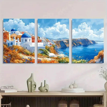 3pcs Blue Roofs Of Santorini Watercolor Perfect Wall Art Set Canvas Framed 50x70cm - High Quality Print 100% Australian Made Wall Canvas Ready to Hang - Bella Home Decor