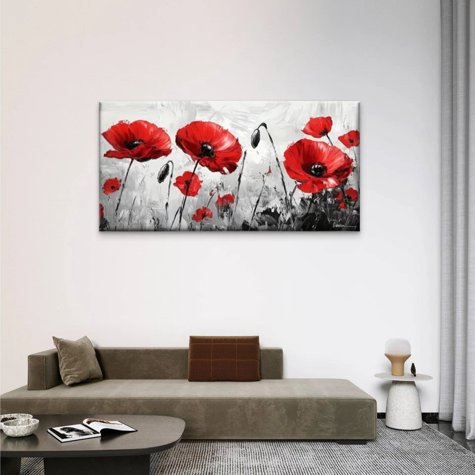 Red Poppy Flowers Grey Wall Art Canvas Office Home Room Framed 120x60cm