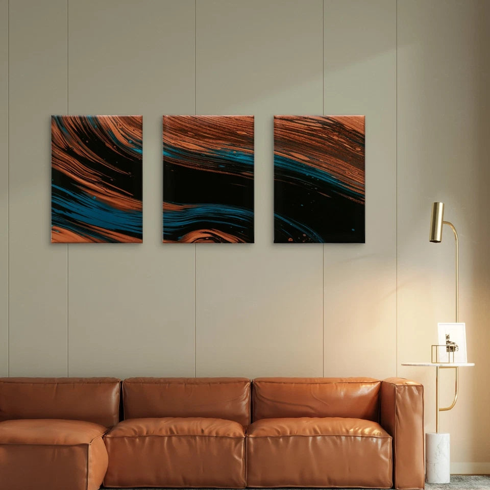 3pcs Copper and Blue Marble Abstract Fluid Swirl Wall Art Set Canvas Framed 50x70cm - High Quality Print 100% Australian Made Wall Canvas Ready to Hang