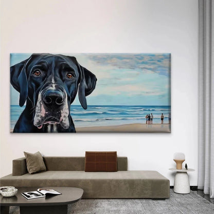 Black Great Dane Dog on Beach Wall Art Canvas Office Home Room Framed 120x60cm