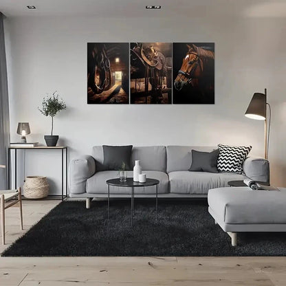 3pcs Western Horse Barn Cowboy Saddle and Hat Wall Art Set Canvas Framed 40x60cm - High Quality Print 100% Australian Made Wall Canvas Ready to Hang