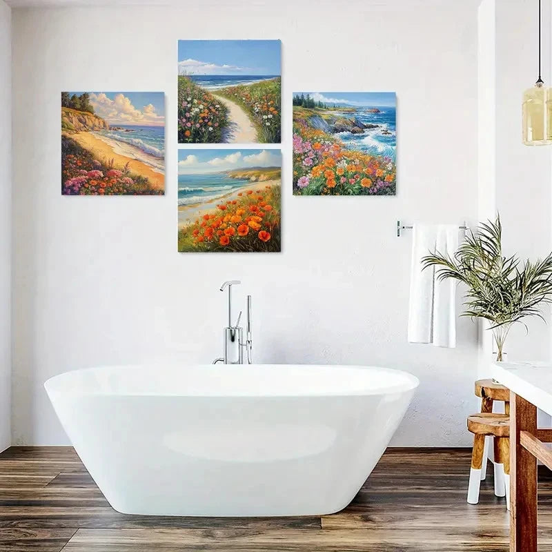 4pcs Beach & Wildflower Canvas  Wall Art Canvas Framed