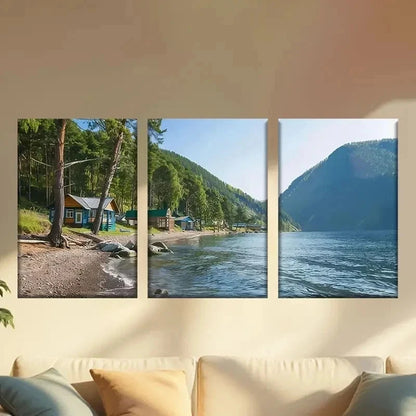 3pcs  Small Cabin by The Lake  Wall Art Set Canvas Framed 50x70cm - High Quality Print 100% Australian Made Wall Canvas Ready to Hang - Bella Home Decor