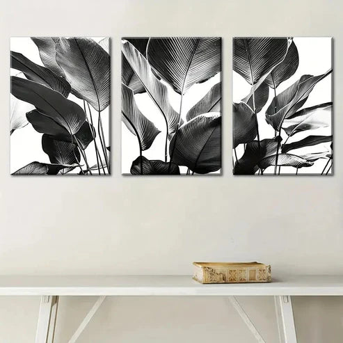 3pcs Black and White Nature Plant Leaf Wall Art Canvas Unframed – High Quality Print 100% Australian Made Wall Canvas - Bella Home Decor