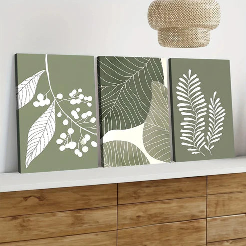 3pcs Bohemian Style Sage Green Plant Leaves Wall Art Set Canvas Unframed - High Quality Print 100% Australian Made Wall Canvas - Bella Home Decor