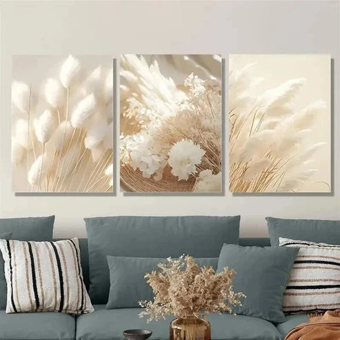 3pcs Grass Beige Botanical & White Dried Flower Wall Art Set Canvas Unframed - High Quality Print 100% Australian Made Wall Canvas