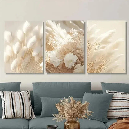3pcs Grass Beige Botanical & White Dried Flower Wall Art Set Canvas Unframed - High Quality Print 100% Australian Made Wall Canvas