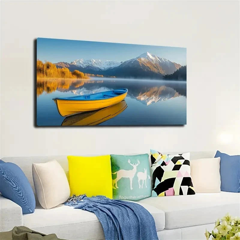 Serene Mountain Lake Scene Wall Art canvas office home room framed 120x60cm