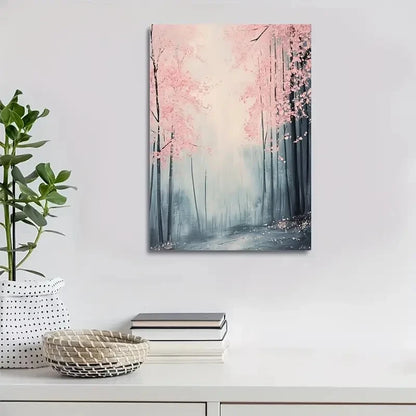 Cherry Blossom Forest Pink & Blue Hues Painting 40x60cm Metal Print Ready to Hang
