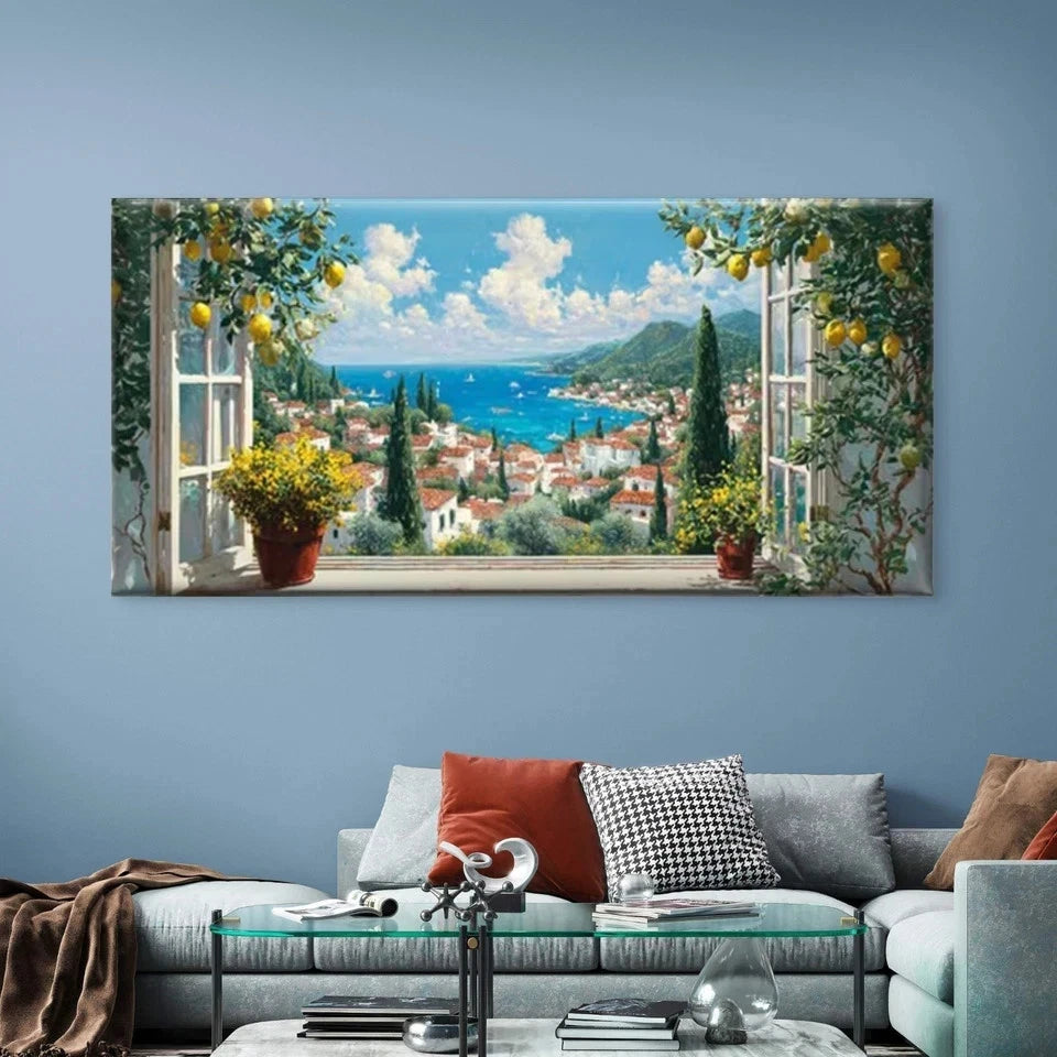 Lemon Tree & Sea View Wall Art Canvas Office Home Room Framed 120x60cm