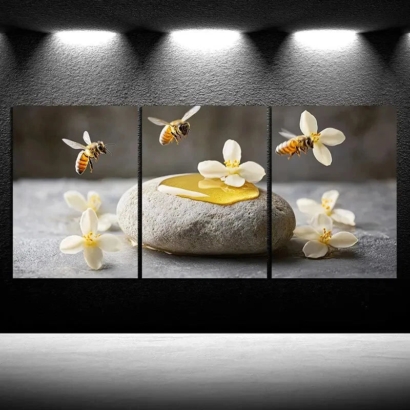 3pcs Bees on Osmanthus Painting Metal Print Ready to Hang Art - Bella Home Decor