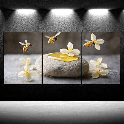 3pcs Bees on Osmanthus Painting Metal Print Ready to Hang Art - Bella Home Decor