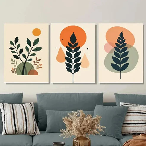 3pcs Modern Abstract Botanical Beige & Orange Wall Art Set Canvas Unframed - High Quality Print 100% Australian Made Wall Canvas