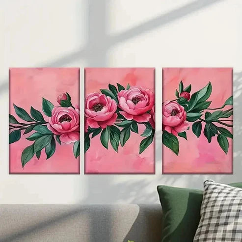 3pcs Pink Peonies with Green Leaves Wall Art Set Canvas Unframed - High Quality Print 100% Australian Made Wall Canvas