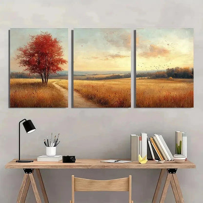 3pcs Vintage Rustic Autumn Landscape Perfect Wall Art Set Canvas Framed 50x70cm - High Quality Print 100% Australian Made Wall Canvas Ready to Hang.