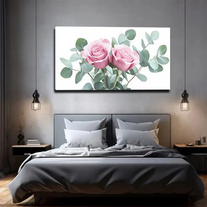 Floral painting of pink roses and green leaves above a bed in a bedroom.