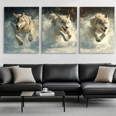 3pcs White Wolves in Snow Winter Wild Perfect Wall Art Set Canvas Unframed - High Quality Print 100% Australian Made Wall Canvas