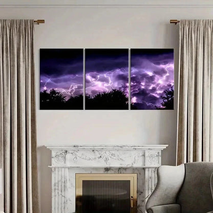 3pcs Purple Lightning Thunder Weather Wall Art Set Canvas Framed 50x70cm - High Quality Print 100% Australian Made Wall Canvas Ready to Hang