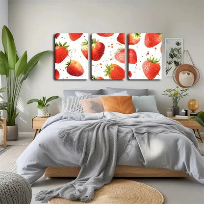 3pcs Vibrant Red Strawberries with Green Leaves Wall Art Set Canvas Unframed - High Quality Print 100% Australian Made Wall Canvas