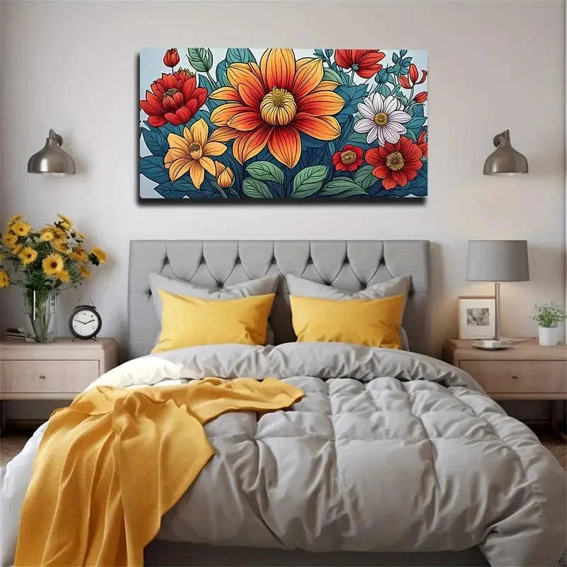 Orange & White Flowers On Gray Wall Art Canvas Office Home Room Framed 120x60cm
