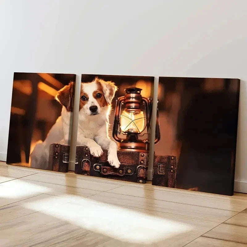 3pcs Puppy Lying On Suitcase & Kerosene Lamp Wall Art Set Canvas Framed 60x90cm - High Quality Print 100% Australian Made Wall Canvas Ready to Hang - Bella Home Decor
