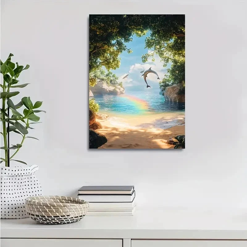 Steampunk Dolphin Swing Beach Scene Painting 40x60cm Metal Print Ready to Hang - Bella Home Decor