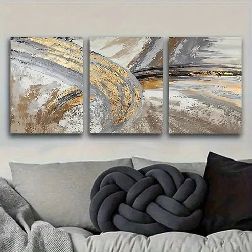 3pcs Golden and Gray Wave Wall Art Canvas Unframed - High Quality Print 100% Australian Made Wall Canvas - Bella Home Decor