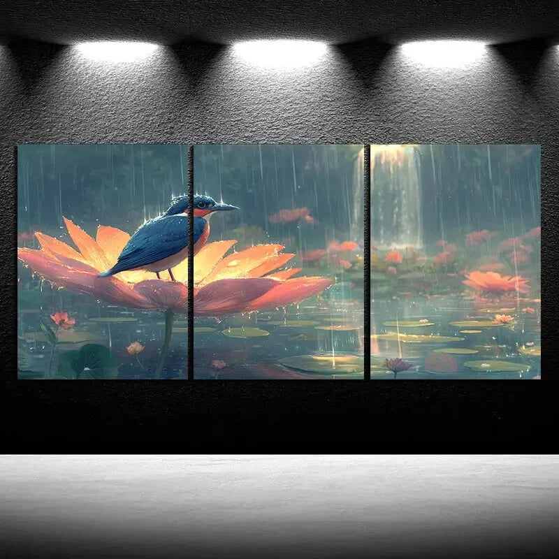 3pcs The bird On The Petals Waterfalls Metal Print Ready to Hang Art - Bella Home Decor