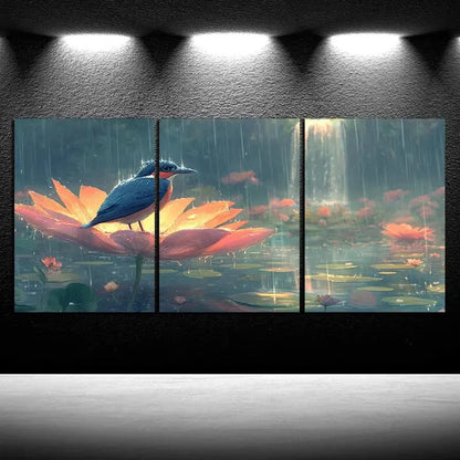 3pcs The bird On The Petals Waterfalls Metal Print Ready to Hang Art - Bella Home Decor