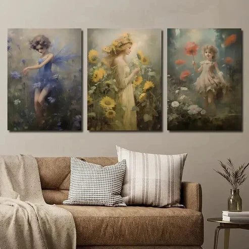 3pcs Meadow Fairy Print Vintage Fairy Mural Wall Art Canvas Unframed - High Quality Print 100% Australian Made Wall Canvas