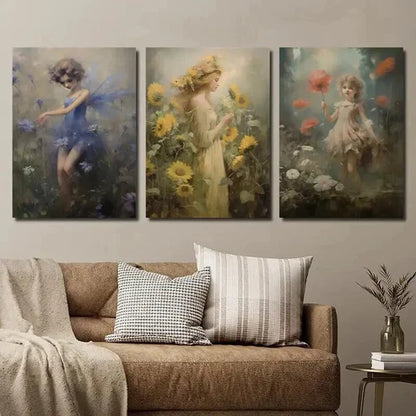 3pcs Meadow Fairy Print Vintage Fairy Mural Wall Art Canvas Unframed - High Quality Print 100% Australian Made Wall Canvas