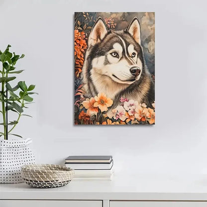 Stunning Alaskan Malamute Dog with Vibrant Floral 40x60cm Metal Print Ready to Hang - Bella Home Decor
