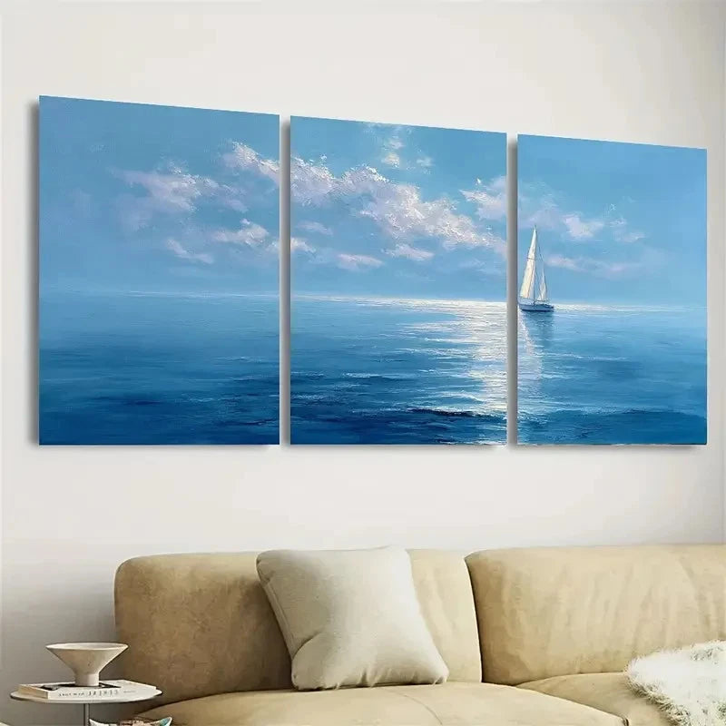 3pcs Sailboat Blue Ocean Sailing Wall Art Set Canvas Framed 50x70cm - High Quality Print 100% Australian Made Wall Canvas Ready to Hang