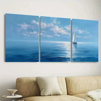 3pcs Sailboat Blue Ocean Sailing Wall Art Set Canvas Framed 50x70cm - High Quality Print 100% Australian Made Wall Canvas Ready to Hang