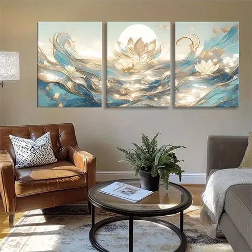 3pcs Elegant Soft Blue and Golden Tones Perfect Wall Art Set Canvas Unframed - High Quality Print 100% Australian Made Wall Canvas