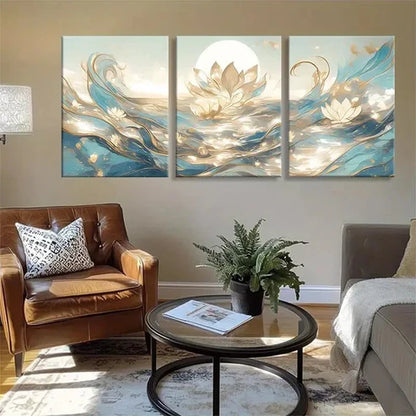 3pcs Elegant Soft Blue and Golden Tones Perfect Wall Art Set Canvas Unframed - High Quality Print 100% Australian Made Wall Canvas
